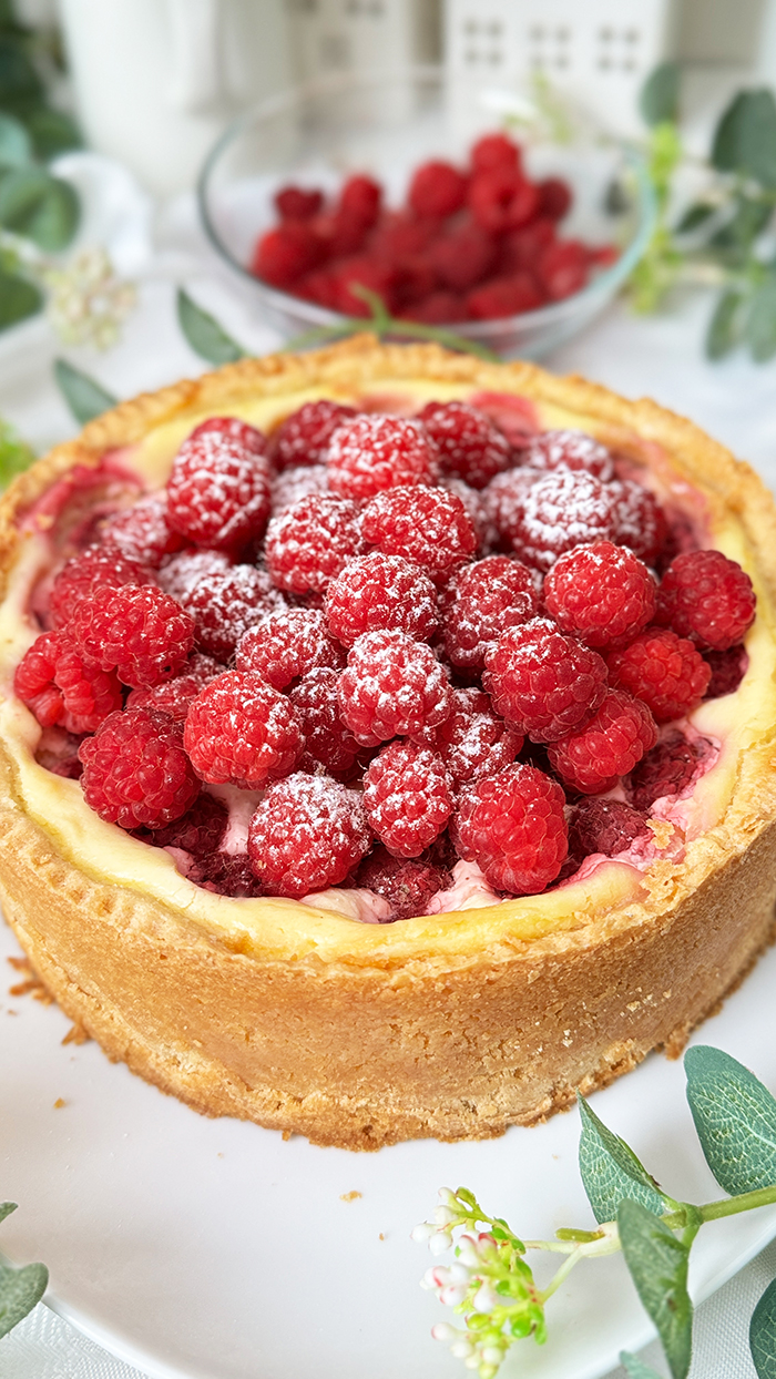 Ein Himbeer-Schmand-Kuchen auf einen Teller garniert mit frischen Himbeeren und leicht mit Puderzucker bestäubt.