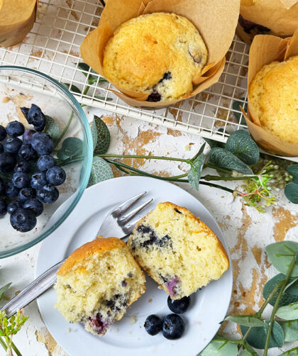 Ein Teller mit Blaubeermuffins und einer Schüssel Blaubeeren auf einem Drahtgitter