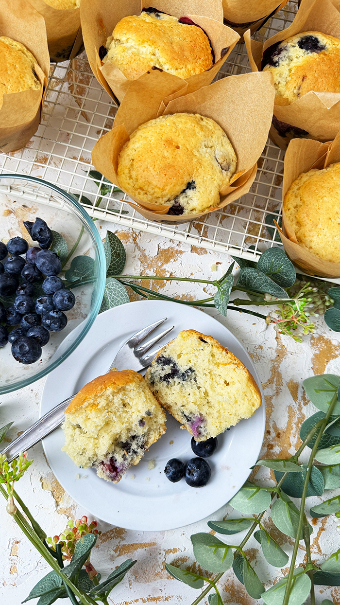 Ein Teller mit Blaubeermuffins und einer Schüssel Blaubeeren auf einem Drahtgitter